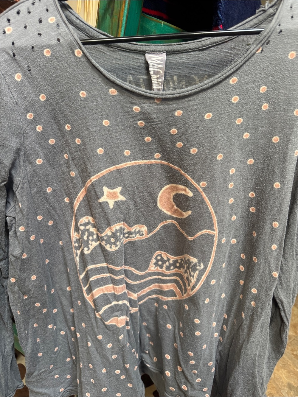 Magnolia Pearl charcoal long sleeve tee with peach polka dot & moon graphic
